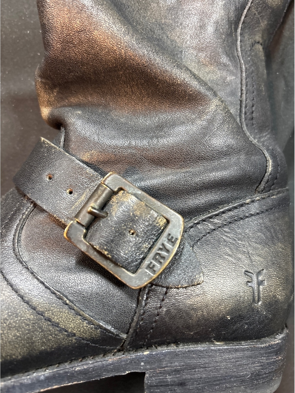Frye Veronica Tall Slouch Black Leather Moto Boots Distressed Buckle - Picture 5 of 6